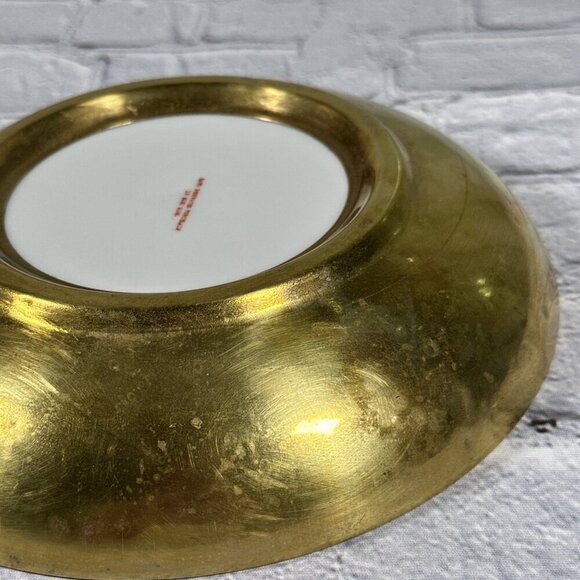 Vintage White Pink Butterfly Porcelain Brass Style Metal Trinket Bowl Hong Kong - Picture 8 of 14